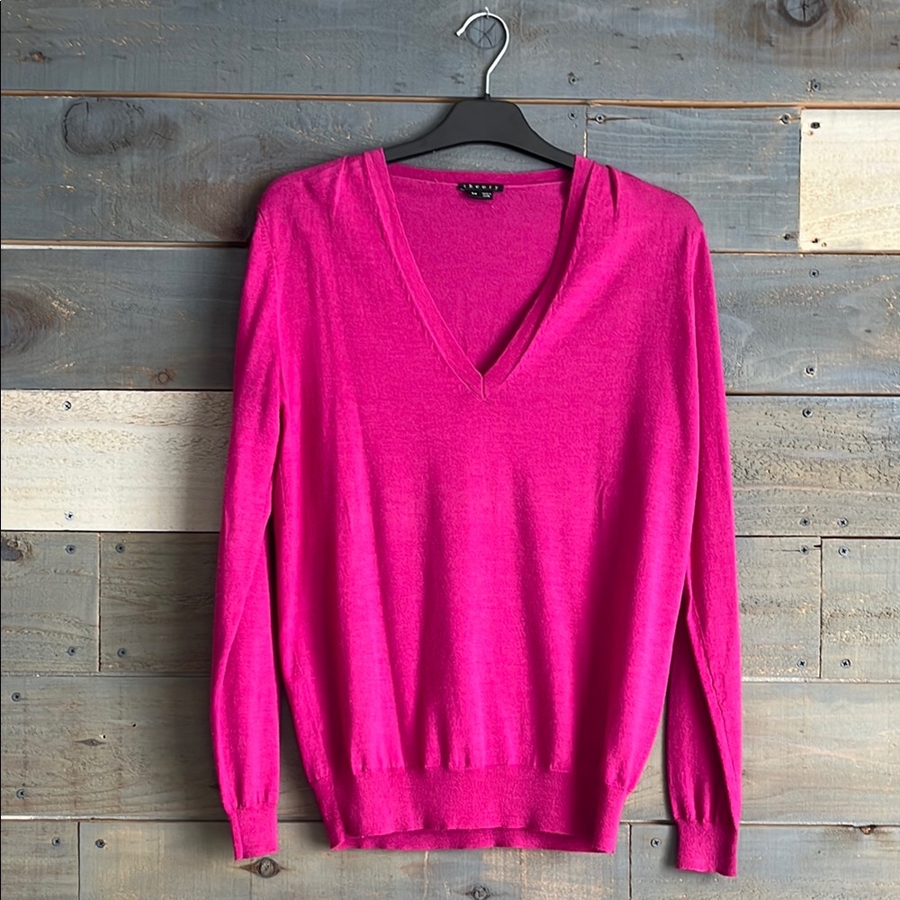 Theory Wool Silk Blend V-Neck Sweater Lightweight Dark Pink S